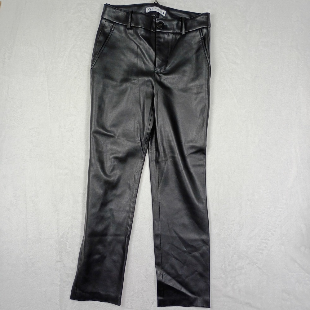 Zara Black Faux Leather High Waisted Straight Leg Pants Womens Size‎ XS